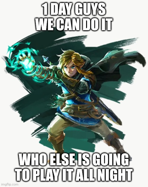 1 DAY GUYS WE CAN DO IT; WHO ELSE IS GOING TO PLAY IT ALL NIGHT | image tagged in legend of zelda | made w/ Imgflip meme maker