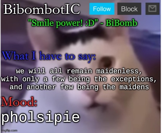 BiBomb's temp (Thx Uber) | we will all remain maidenless, with only a few being the exceptions, and another few being the maidens; pholsipie | image tagged in bibomb's temp thx uber | made w/ Imgflip meme maker