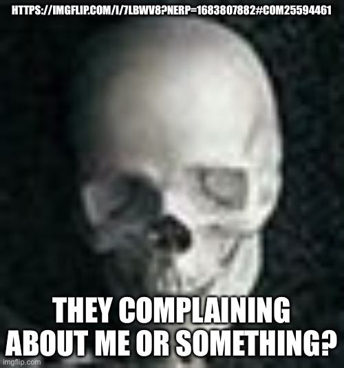 Lmao | HTTPS://IMGFLIP.COM/I/7LBWV8?NERP=1683807882#COM25594461; THEY COMPLAINING ABOUT ME OR SOMETHING? | image tagged in skull | made w/ Imgflip meme maker