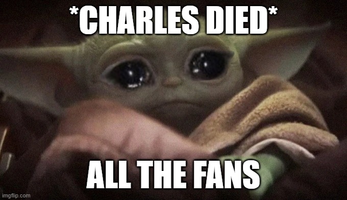Crying Baby Yoda | *CHARLES DIED* ALL THE FANS | image tagged in crying baby yoda | made w/ Imgflip meme maker