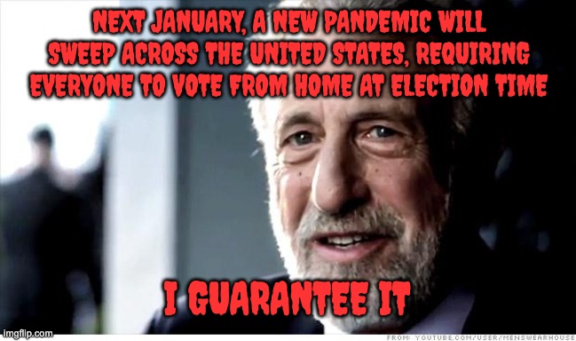 I Guarantee It Meme | NEXT JANUARY, A NEW PANDEMIC WILL SWEEP ACROSS THE UNITED STATES, REQUIRING EVERYONE TO VOTE FROM HOME AT ELECTION TIME; I GUARANTEE IT | image tagged in memes,i guarantee it | made w/ Imgflip meme maker