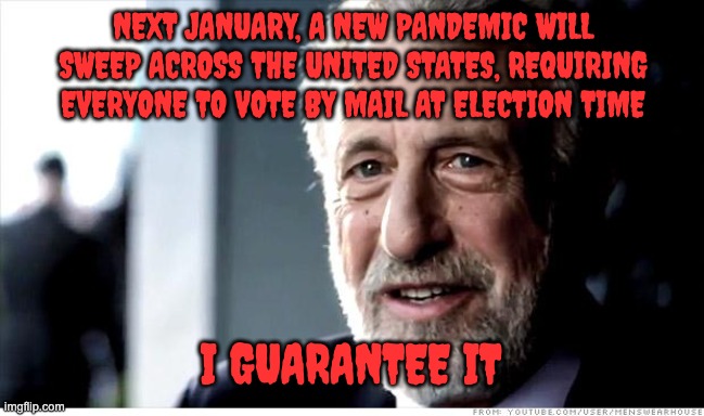 I Guarantee It | NEXT JANUARY, A NEW PANDEMIC WILL SWEEP ACROSS THE UNITED STATES, REQUIRING EVERYONE TO VOTE BY MAIL AT ELECTION TIME; I GUARANTEE IT | image tagged in memes,i guarantee it | made w/ Imgflip meme maker