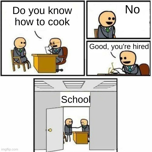 I ain't eating any of that | No; Do you know how to cook; Good, you're hired; School | image tagged in you're hired | made w/ Imgflip meme maker