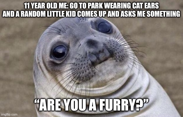Awkward Moment Sealion Meme | 11 YEAR OLD ME: GO TO PARK WEARING CAT EARS AND A RANDOM LITTLE KID COMES UP AND ASKS ME SOMETHING; “ARE YOU A FURRY?” | image tagged in memes,awkward moment sealion | made w/ Imgflip meme maker