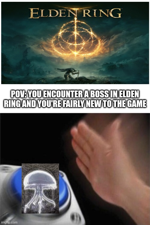 Jellyfish ashes carry fr | POV: YOU ENCOUNTER A BOSS IN ELDEN RING AND YOU'RE FAIRLY NEW TO THE GAME | image tagged in memes,blank nut button | made w/ Imgflip meme maker