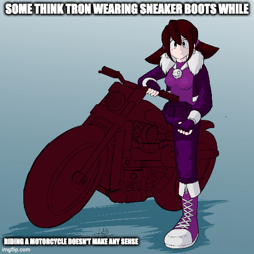 Tron With Motorcycle | SOME THINK TRON WEARING SNEAKER BOOTS WHILE; RIDING A MOTORCYCLE DOESN'T MAKE ANY SENSE | image tagged in tron bonne,megaman,megaman legends,memes | made w/ Imgflip meme maker