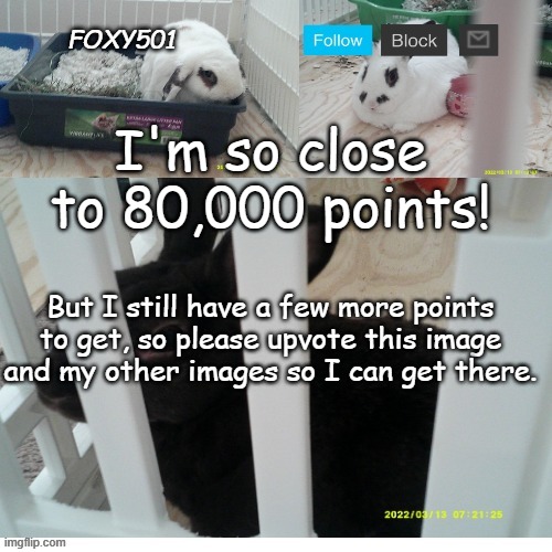 Foxy501 announcement template | I'm so close to 80,000 points! But I still have a few more points to get, so please upvote this image and my other images so I can get there. | image tagged in foxy501 announcement template | made w/ Imgflip meme maker
