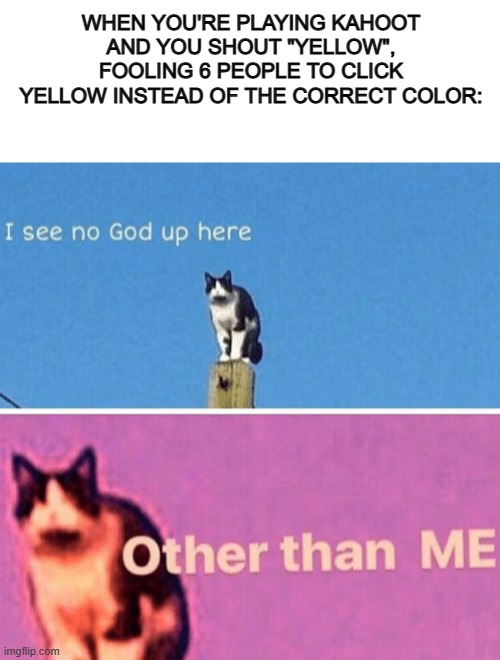 I used to do this so much tbh XD | WHEN YOU'RE PLAYING KAHOOT AND YOU SHOUT "YELLOW", FOOLING 6 PEOPLE TO CLICK YELLOW INSTEAD OF THE CORRECT COLOR: | image tagged in blank white template,hail pole cat | made w/ Imgflip meme maker