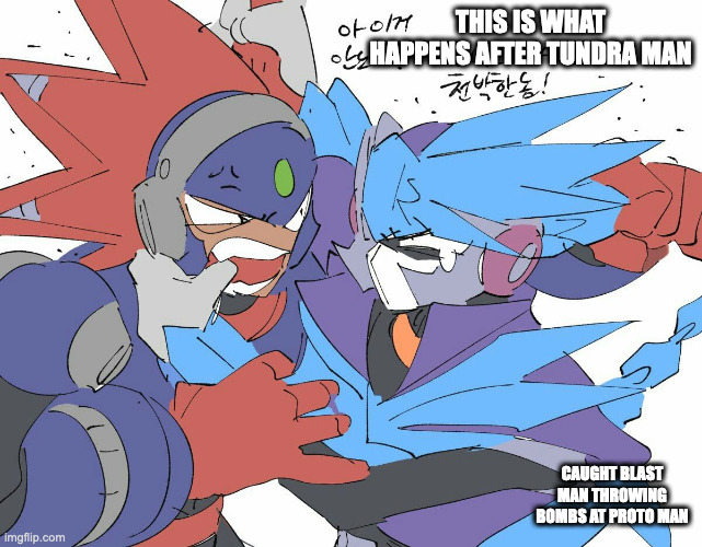 Tundra Man Fighting With Blast Man | THIS IS WHAT HAPPENS AFTER TUNDRA MAN; CAUGHT BLAST MAN THROWING BOMBS AT PROTO MAN | image tagged in tundraman,blastman,megaman,memes | made w/ Imgflip meme maker