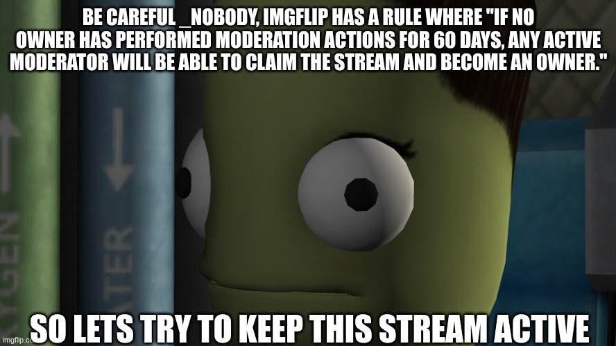 Lets keep this place active ok? mods/users | BE CAREFUL _NOBODY, IMGFLIP HAS A RULE WHERE "IF NO OWNER HAS PERFORMED MODERATION ACTIONS FOR 60 DAYS, ANY ACTIVE MODERATOR WILL BE ABLE TO CLAIM THE STREAM AND BECOME AN OWNER."; SO LETS TRY TO KEEP THIS STREAM ACTIVE | image tagged in kerbal space bruh face | made w/ Imgflip meme maker