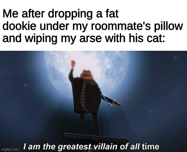 lol get pranked loser | Me after dropping a fat dookie under my roommate's pillow and wiping my arse with his cat: | image tagged in i am the greatest villain of all time | made w/ Imgflip meme maker