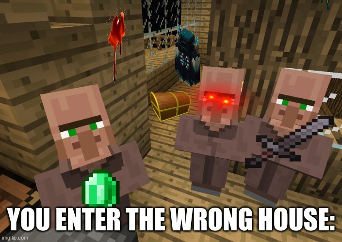 Minecraft Villagers | YOU ENTER THE WRONG HOUSE: | image tagged in minecraft villagers | made w/ Imgflip meme maker