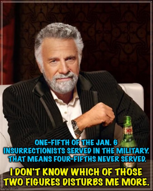 Which is more disturbing? | ONE-FIFTH OF THE JAN. 6 INSURRECTIONISTS SERVED IN THE MILITARY.  THAT MEANS FOUR-FIFTHS NEVER SERVED. I DON'T KNOW WHICH OF THOSE TWO FIGURES DISTURBS ME MORE. | image tagged in memes,the most interesting man in the world | made w/ Imgflip meme maker