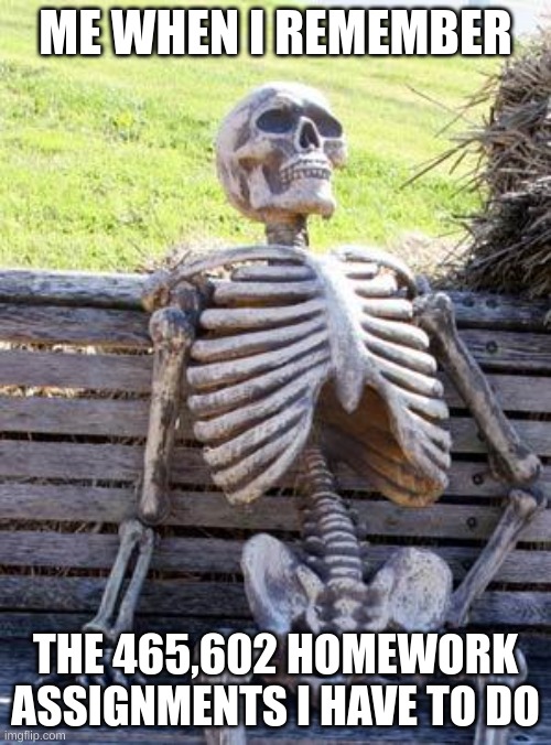 Why does this always happen | ME WHEN I REMEMBER; THE 465,602 HOMEWORK ASSIGNMENTS I HAVE TO DO | image tagged in memes,waiting skeleton,relatable,skeleton | made w/ Imgflip meme maker