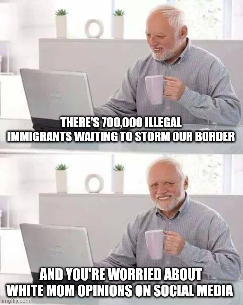 Hide the Pain Harold | THERE'S 700,000 ILLEGAL IMMIGRANTS WAITING TO STORM OUR BORDER; AND YOU'RE WORRIED ABOUT WHITE MOM OPINIONS ON SOCIAL MEDIA | image tagged in memes,hide the pain harold | made w/ Imgflip meme maker