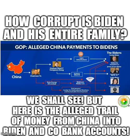 politics | HOW  CORRUPT IS BIDEN  AND  HIS  ENTIRE  FAMILY? WE  SHALL  SEE!  BUT  HERE  IS  THE  ALLEGED  TRAIL  OF  MONEY  FROM CHINA  INTO  BIDEN  AND  CO  BANK  ACCOUNTS! | image tagged in political meme | made w/ Imgflip meme maker