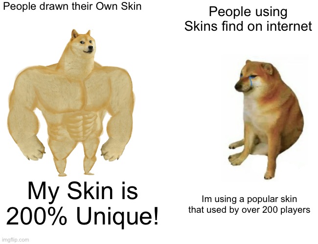 Minecrafters and their Skins | People drawn their Own Skin; People using Skins find on internet; My Skin is 200% Unique! Im using a popular skin that used by over 200 players | image tagged in memes,buff doge vs cheems | made w/ Imgflip meme maker