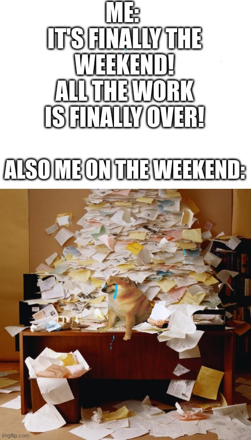 NOOOO | ME: 
IT'S FINALLY THE WEEKEND!
ALL THE WORK IS FINALLY OVER! ALSO ME ON THE WEEKEND: | image tagged in busy | made w/ Imgflip meme maker