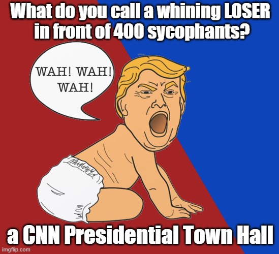 I'm so tired of Trump's Whining! | What do you call a whining LOSER 
in front of 400 sycophants? a CNN Presidential Town Hall | image tagged in donald trump,whining,loser,cnn,town hall | made w/ Imgflip meme maker