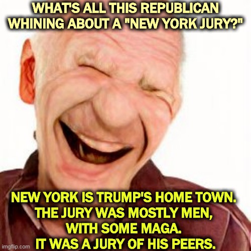 For god's sake, stop whining! | WHAT'S ALL THIS REPUBLICAN WHINING ABOUT A "NEW YORK JURY?"; NEW YORK IS TRUMP'S HOME TOWN. 
THE JURY WAS MOSTLY MEN, 
WITH SOME MAGA. 
IT WAS A JURY OF HIS PEERS. | image tagged in trump,sexual assault,criminal,guilty | made w/ Imgflip meme maker