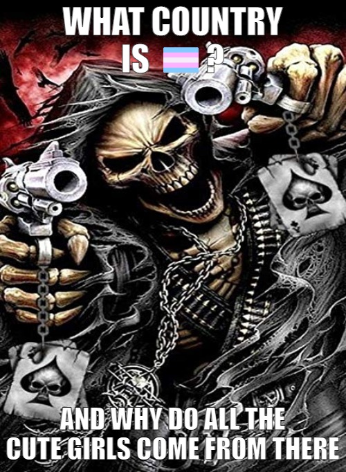 Badass skeleton with guns | WHAT COUNTRY IS ?️‍⚧️? AND WHY DO ALL THE CUTE GIRLS COME FROM THERE | image tagged in badass skeleton with guns | made w/ Imgflip meme maker