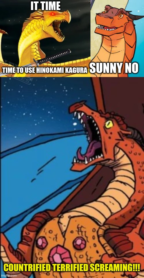 sunny is tired of taking. | IT TIME; TIME TO USE HINOKAMI KAGURA; SUNNY NO; COUNTRIFIED TERRIFIED SCREAMING!!! | image tagged in sunny wof,clay wof,scarlet screaming | made w/ Imgflip meme maker