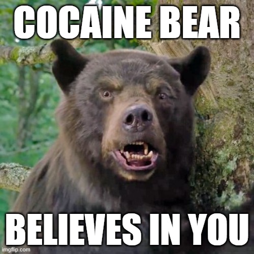 Cocaine Bear Believes in You | COCAINE BEAR; BELIEVES IN YOU | image tagged in cocaine,bear | made w/ Imgflip meme maker