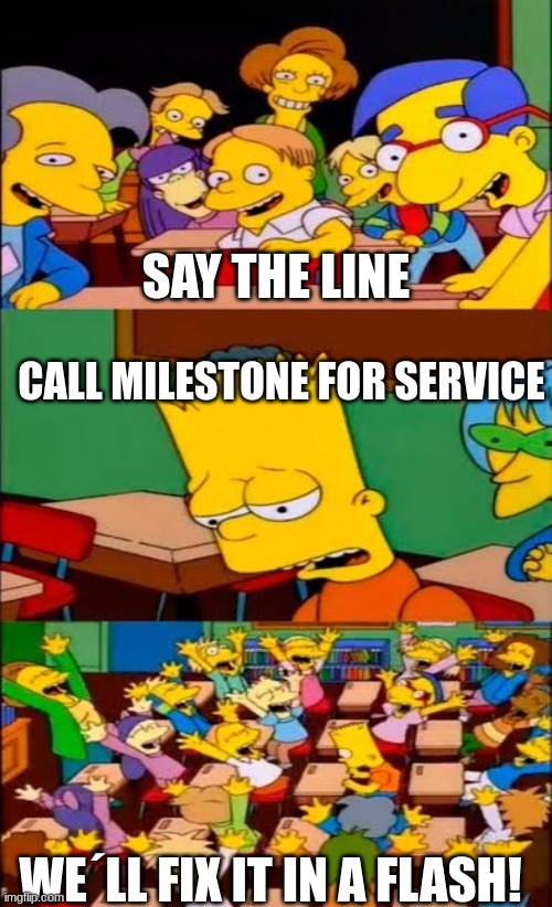 If you have seen a milestone commercial you will understand | SAY THE LINE; CALL MILESTONE FOR SERVICE; WE´LL FIX IT IN A FLASH! | image tagged in say the line bart simpsons,milestone | made w/ Imgflip meme maker
