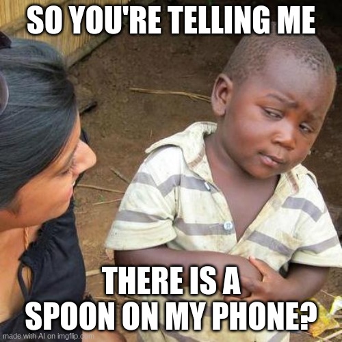 Third World Skeptical Kid | SO YOU'RE TELLING ME; THERE IS A SPOON ON MY PHONE? | image tagged in memes,third world skeptical kid | made w/ Imgflip meme maker