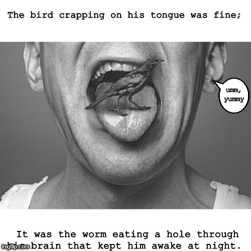 A bird brain? | The bird crapping on his tongue was fine;; umm,
yummy; It was the worm eating a hole through his brain that kept him awake at night. | image tagged in memes,crazy,cringe | made w/ Imgflip meme maker