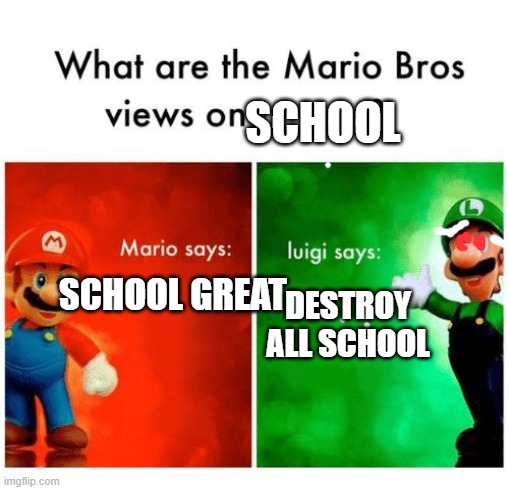 lugi is right | SCHOOL; SCHOOL GREAT; DESTROY ALL SCHOOL | image tagged in mario says luigi says | made w/ Imgflip meme maker