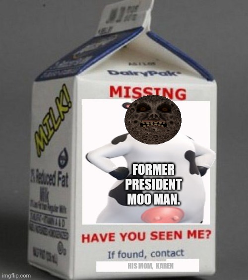 Milk carton | FORMER PRESIDENT MOO MAN. HIS MOM,  KAREN | image tagged in milk carton | made w/ Imgflip meme maker