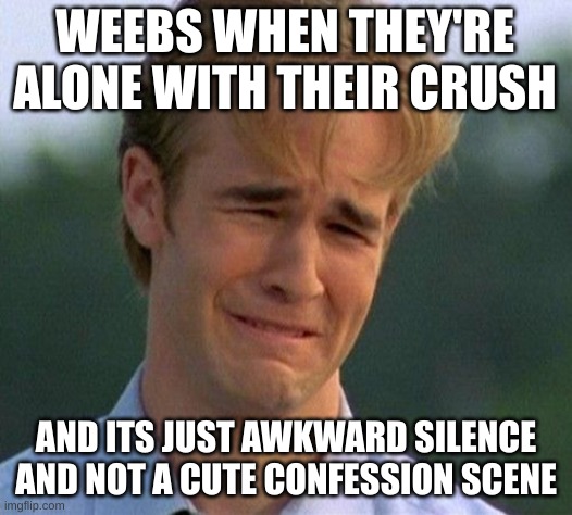 Weebs | WEEBS WHEN THEY'RE ALONE WITH THEIR CRUSH; AND ITS JUST AWKWARD SILENCE AND NOT A CUTE CONFESSION SCENE | image tagged in memes,1990s first world problems | made w/ Imgflip meme maker