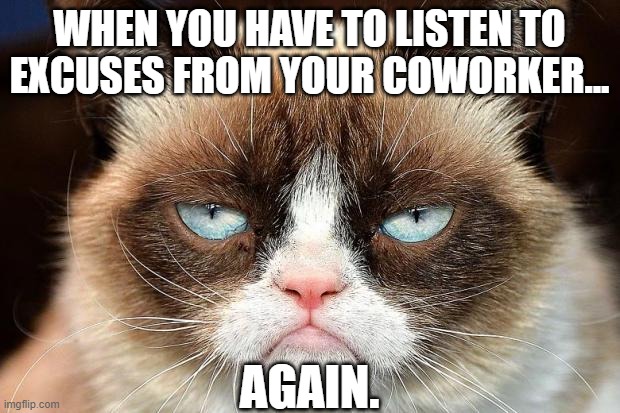 I'm done | WHEN YOU HAVE TO LISTEN TO EXCUSES FROM YOUR COWORKER... AGAIN. | image tagged in memes,grumpy cat not amused,grumpy cat | made w/ Imgflip meme maker