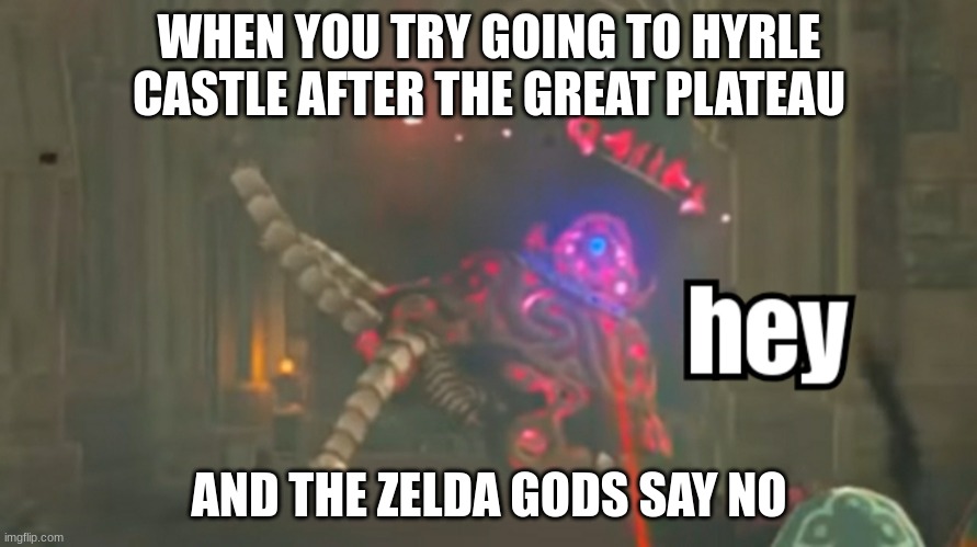 Guardian hey | WHEN YOU TRY GOING TO HYRLE CASTLE AFTER THE GREAT PLATEAU; AND THE ZELDA GODS SAY NO | image tagged in guardian hey | made w/ Imgflip meme maker