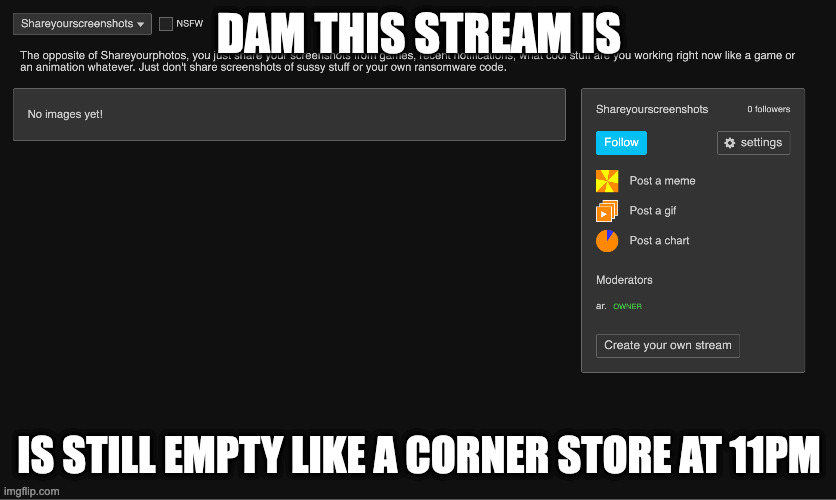DAM THIS STREAM IS; IS STILL EMPTY LIKE A CORNER STORE AT 11PM | image tagged in made from screenshots | made w/ Imgflip meme maker