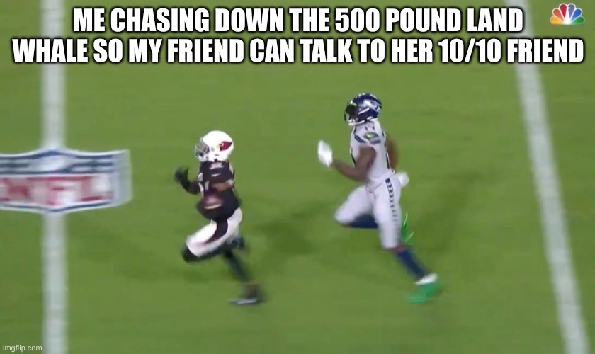 it always the 2's | ME CHASING DOWN THE 500 POUND LAND WHALE SO MY FRIEND CAN TALK TO HER 10/10 FRIEND | image tagged in dk metcalf runs down buddha baker,ugly girl,ugly bestfriend,memes,upvotes,funny | made w/ Imgflip meme maker