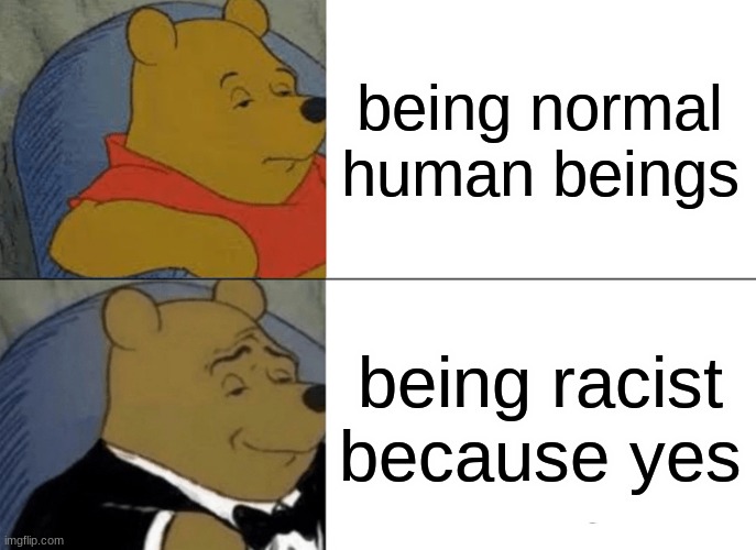 Tuxedo Winnie The Pooh Meme | being normal human beings; being racist because yes | image tagged in memes,tuxedo winnie the pooh | made w/ Imgflip meme maker