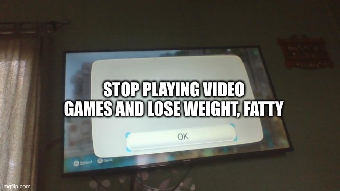 is your wii rude | STOP PLAYING VIDEO
GAMES AND LOSE WEIGHT, FATTY | image tagged in blank wii error screen,wii u | made w/ Imgflip meme maker