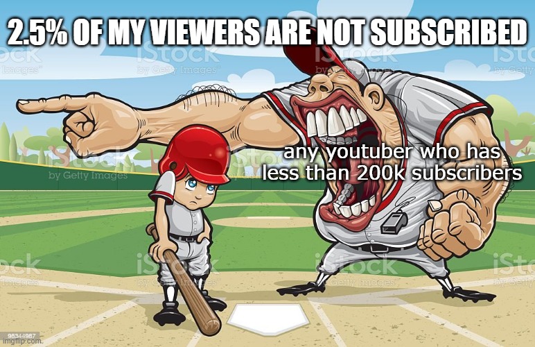 Baseball coach yelling at kid | 2.5% OF MY VIEWERS ARE NOT SUBSCRIBED; any youtuber who has less than 200k subscribers | image tagged in baseball coach yelling at kid,funny memes,memes | made w/ Imgflip meme maker