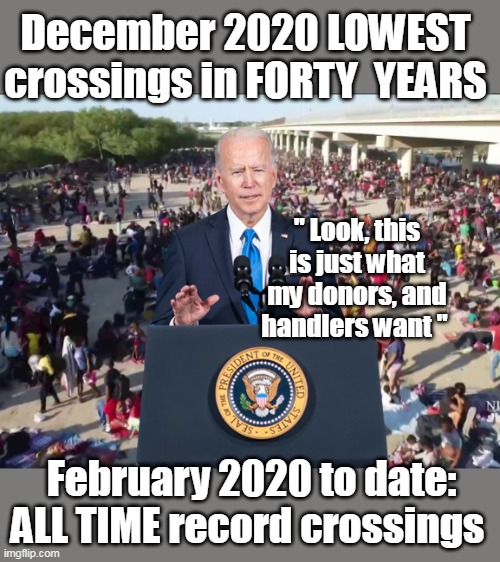 If anyone listened, he DID promise this | December 2020 LOWEST crossings in FORTY  YEARS; " Look, this is just what my donors, and handlers want "; February 2020 to date:
ALL TIME record crossings | image tagged in biden immigration crisis meme,promises made promises kept | made w/ Imgflip meme maker