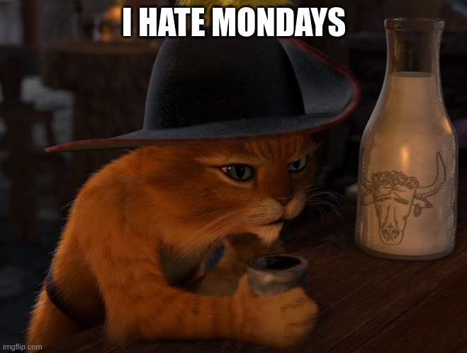 gato con botas | I HATE MONDAYS | image tagged in gato con botas | made w/ Imgflip meme maker