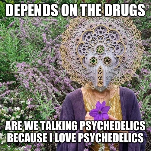 10 minutes into DMT & Chill | DEPENDS ON THE DRUGS ARE WE TALKING PSYCHEDELICS BECAUSE I LOVE PSYCHEDELICS | image tagged in 10 minutes into dmt chill | made w/ Imgflip meme maker