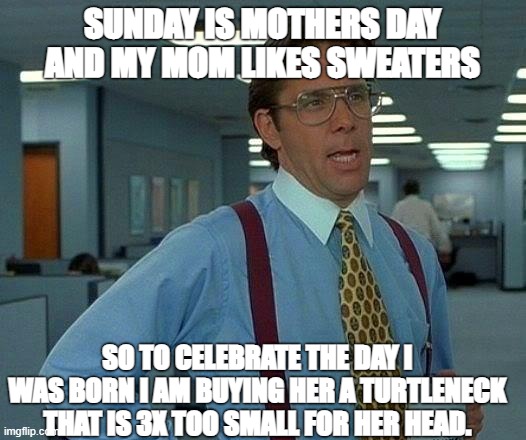 That Would Be Great | SUNDAY IS MOTHERS DAY AND MY MOM LIKES SWEATERS; SO TO CELEBRATE THE DAY I WAS BORN I AM BUYING HER A TURTLENECK THAT IS 3X TOO SMALL FOR HER HEAD. | image tagged in memes,that would be great | made w/ Imgflip meme maker