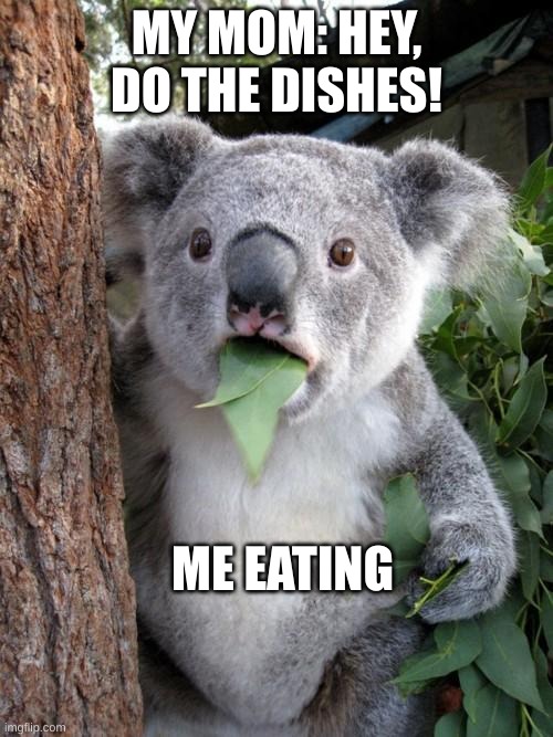 mmmmm food | MY MOM: HEY, DO THE DISHES! ME EATING | image tagged in memes,surprised koala,food,chores | made w/ Imgflip meme maker