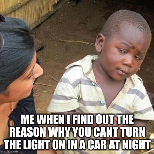 Third World Skeptical Kid | ME WHEN I FIND OUT THE REASON WHY YOU CANT TURN THE LIGHT ON IN A CAR AT NIGHT | image tagged in memes,third world skeptical kid | made w/ Imgflip meme maker