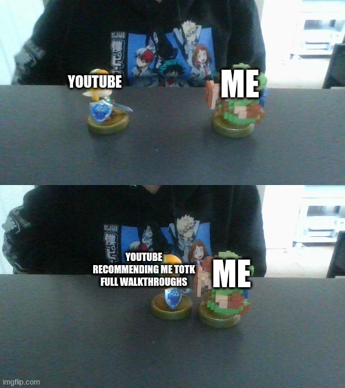 new template? | ME; YOUTUBE; YOUTUBE RECOMMENDING ME TOTK FULL WALKTHROUGHS; ME | image tagged in new template | made w/ Imgflip meme maker