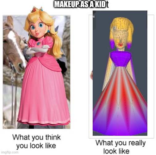 The one on the right is my first 3D model :P | MAKEUP AS A KID | image tagged in 3d model,peach | made w/ Imgflip meme maker