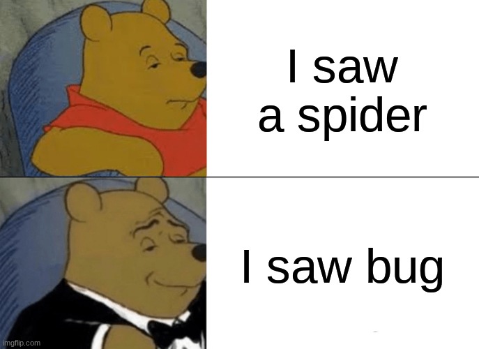 actually its insects | I saw a spider; I saw bug | image tagged in memes,tuxedo winnie the pooh | made w/ Imgflip meme maker