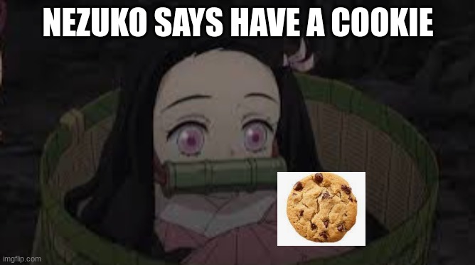 Nezuko In A Basket | NEZUKO SAYS HAVE A COOKIE | image tagged in nezuko in a basket | made w/ Imgflip meme maker